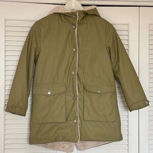 ZARA Rubbered Rain Coat Green Fur Hooded Warm Unisex Size 9